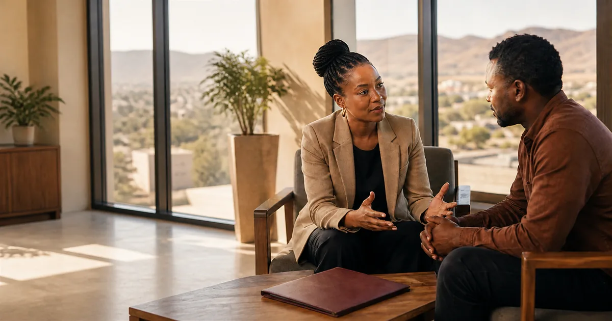 A LegalWise adviser listening to a member in a contemporary Windhoek consultation